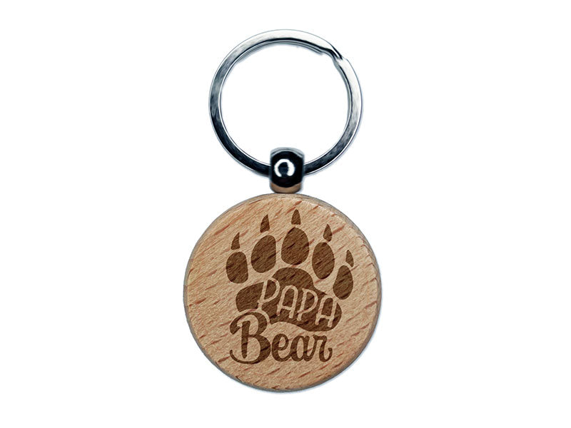 Papa Bear Father's Day Paw Family Engraved Wood Round Keychain Tag Charm