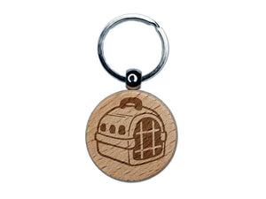 Pet Carrier Animal Cage Dog Cat Engraved Wood Round Keychain Tag Charm