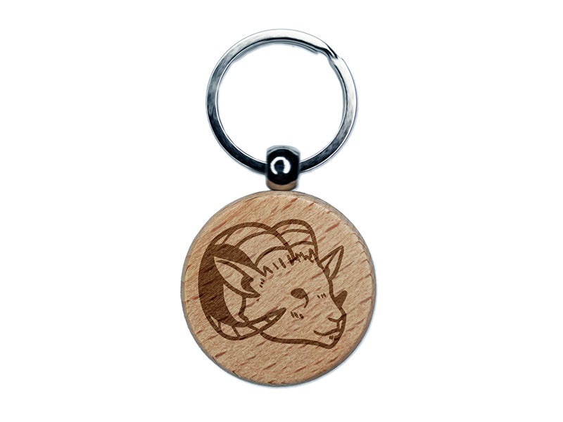 Proud Horned Goat Ram Head Engraved Wood Round Keychain Tag Charm