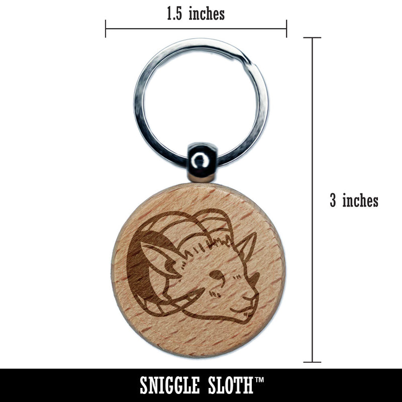 Proud Horned Goat Ram Head Engraved Wood Round Keychain Tag Charm