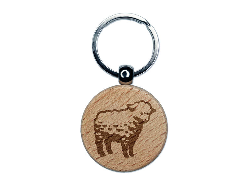 Realistic Fluffy Lamb Sheep Standing Engraved Wood Round Keychain Tag Charm