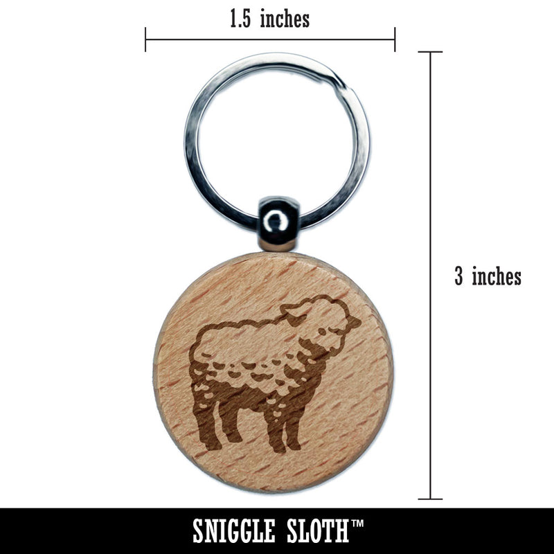 Realistic Fluffy Lamb Sheep Standing Engraved Wood Round Keychain Tag Charm