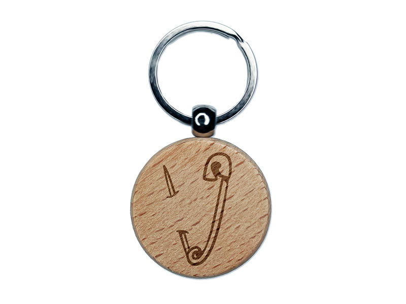 Safety Pin Needle Piercing Fabric Engraved Wood Round Keychain Tag Charm