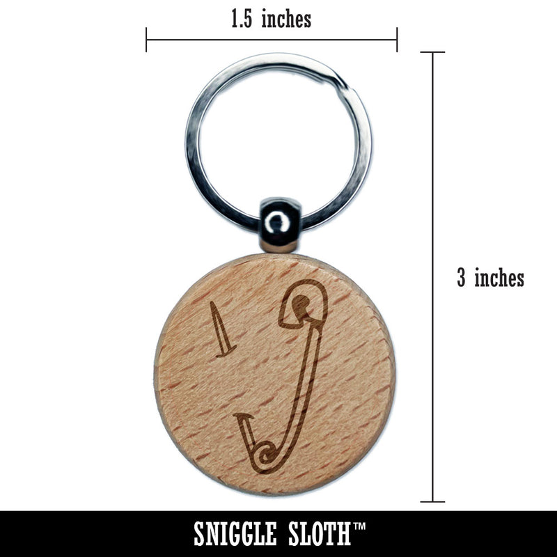 Safety Pin Needle Piercing Fabric Engraved Wood Round Keychain Tag Charm