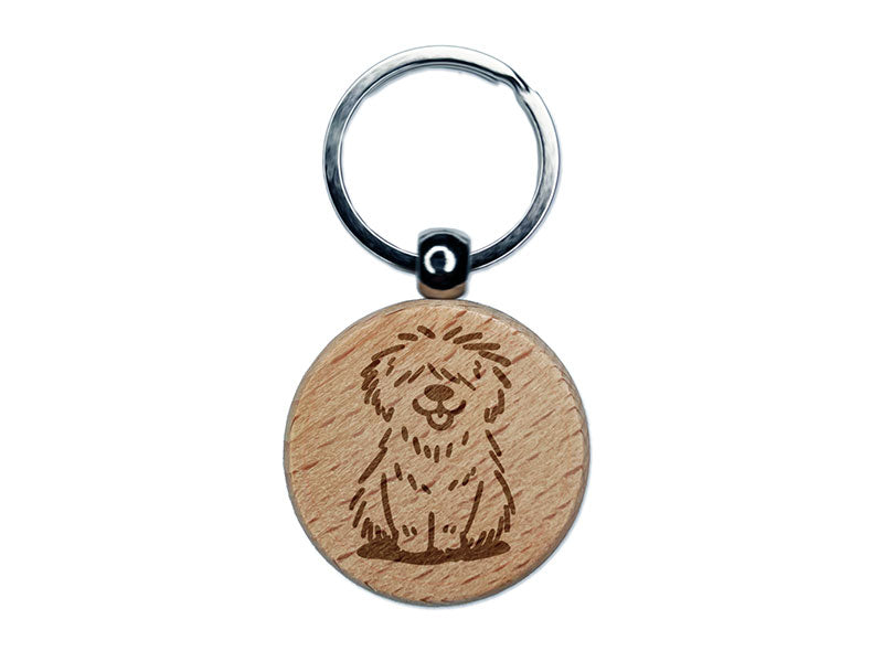 Shaggy Dog Sheepdog Sketch Fluffy Hairy Pet Engraved Wood Round Keychain Tag Charm