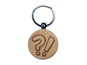 Shocked Confused Surprised Question Exclamation Marks Engraved Wood Round Keychain Tag Charm