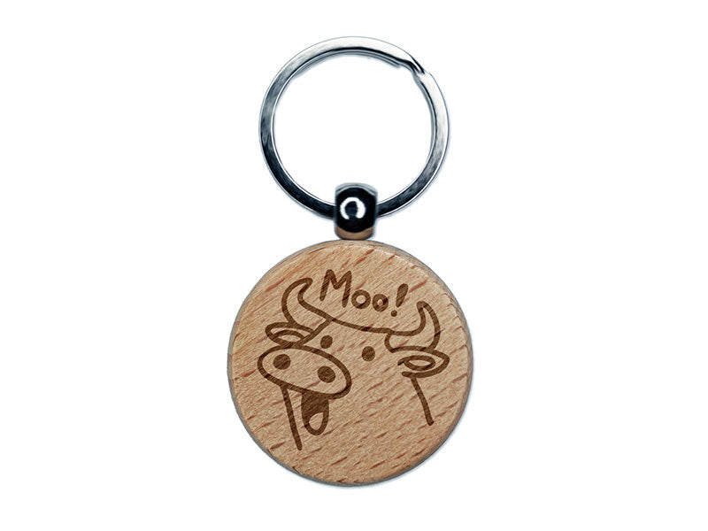 Silly Cartoon Cow Moo Engraved Wood Round Keychain Tag Charm
