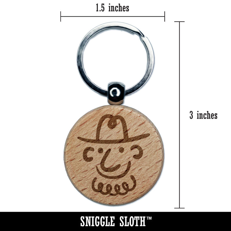 Silly Cartoon Doodle Cowboy with Beard and Hat Engraved Wood Round Keychain Tag Charm