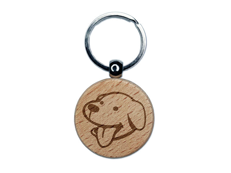 Silly Smiling Dog Head with Tongue Sticking Out Engraved Wood Round Keychain Tag Charm