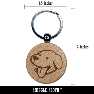 Silly Smiling Dog Head with Tongue Sticking Out Engraved Wood Round Keychain Tag Charm