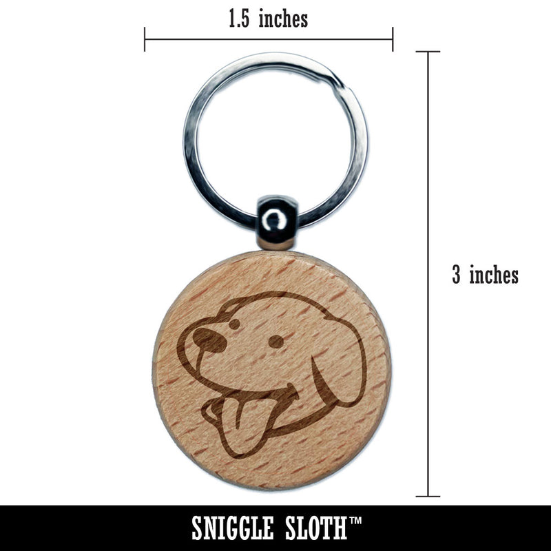 Silly Smiling Dog Head with Tongue Sticking Out Engraved Wood Round Keychain Tag Charm