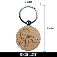 Simple Cartoon Baby Crawling in Diaper Engraved Wood Round Keychain Tag Charm