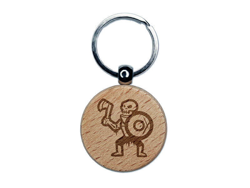 Skeleton Monster Warrior Fighter Fantasy Axe Engraved Wood Round Keychain Tag Charm