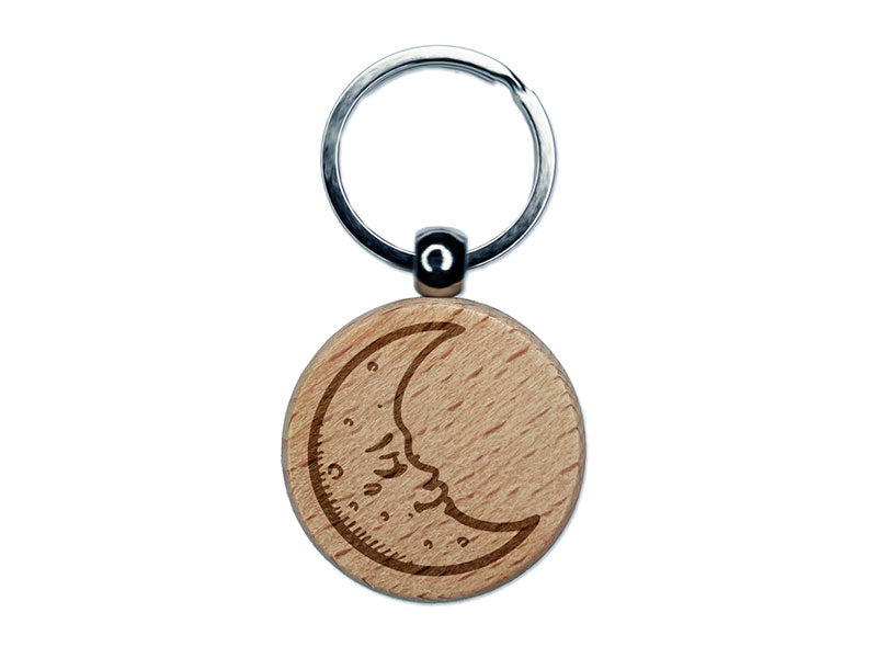 Sleeping Crescent Moon Vintage Face Engraved Wood Round Keychain Tag Charm