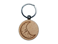 Sleeping Crescent Moon Vintage Face Engraved Wood Round Keychain Tag Charm