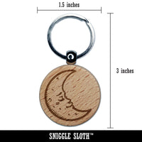 Sleeping Crescent Moon Vintage Face Engraved Wood Round Keychain Tag Charm