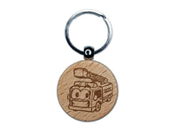 Smiling Cartoon Firetruck Vehicle Firefighter Truck Ladder Engraved Wood Round Keychain Tag Charm