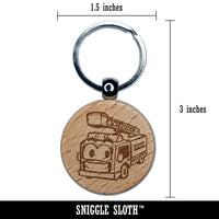 Smiling Cartoon Firetruck Vehicle Firefighter Truck Ladder Engraved Wood Round Keychain Tag Charm