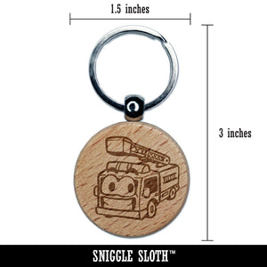 Smiling Cartoon Firetruck Vehicle Firefighter Truck Ladder Engraved Wood Round Keychain Tag Charm
