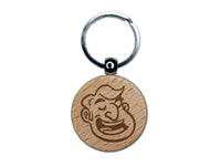 Smiling Talking Man Cartoon Head Engraved Wood Round Keychain Tag Charm