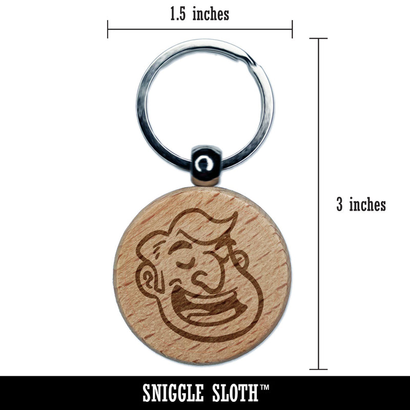 Smiling Talking Man Cartoon Head Engraved Wood Round Keychain Tag Charm