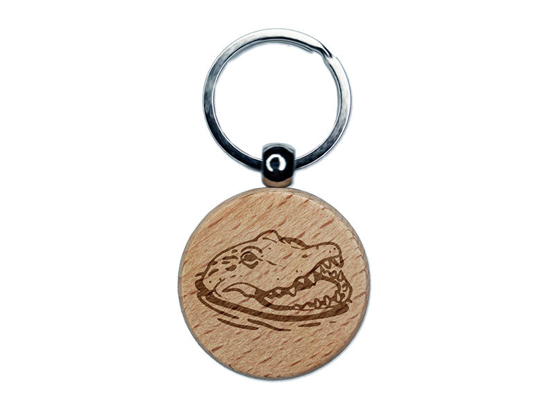 Sneaky Alligator Head Sticking Out Water Swamp Engraved Wood Round Keychain Tag Charm