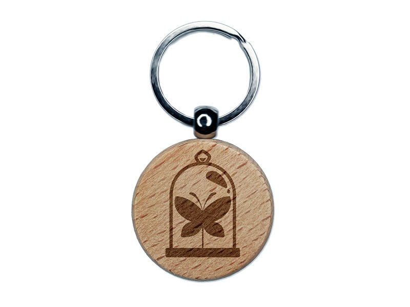 Taxidery Butterfly Insect In Glass Case Engraved Wood Round Keychain Tag Charm