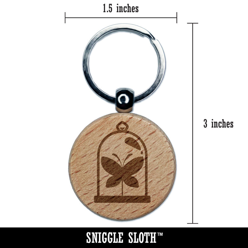Taxidery Butterfly Insect In Glass Case Engraved Wood Round Keychain Tag Charm