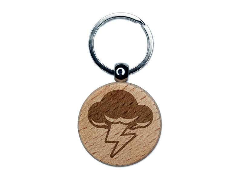 Thunder Storm Cloud Weather Lighting Bolt Engraved Wood Round Keychain Tag Charm