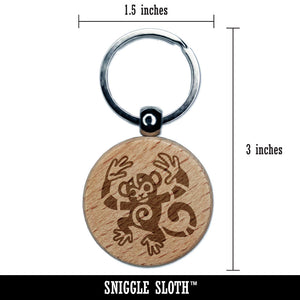 Tribal Dancing Monkey Engraved Wood Round Keychain Tag Charm