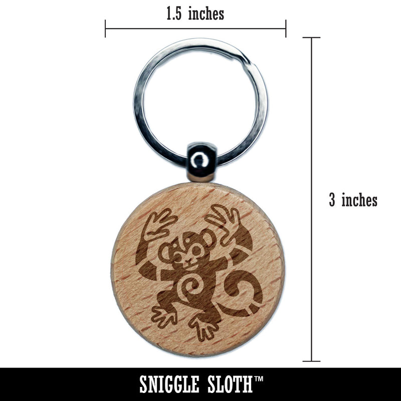 Tribal Dancing Monkey Engraved Wood Round Keychain Tag Charm