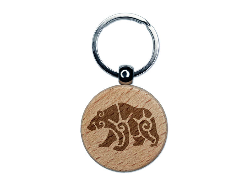 Tribal Southwestern Bear Sun Swirls Engraved Wood Round Keychain Tag Charm