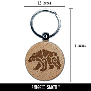 Tribal Southwestern Bear Sun Swirls Engraved Wood Round Keychain Tag Charm
