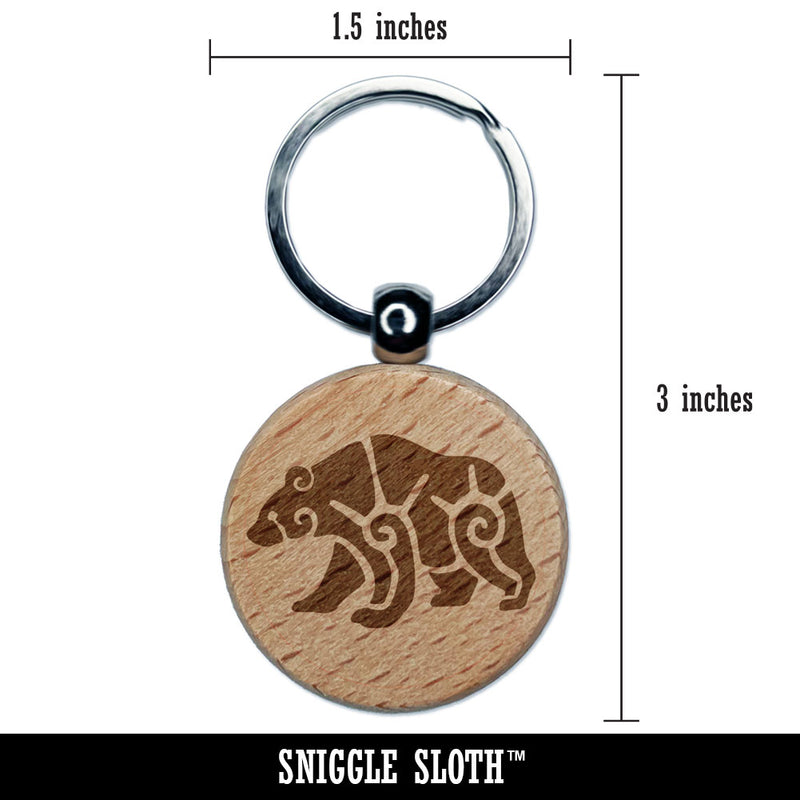 Tribal Southwestern Bear Sun Swirls Engraved Wood Round Keychain Tag Charm