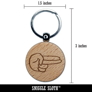 Two Finger Pointing Hand Engraved Wood Round Keychain Tag Charm