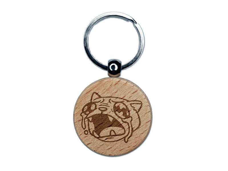 Ugly Crying Cat Watery Eyes Tears Engraved Wood Round Keychain Tag Charm