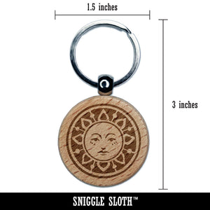 Vintage Sun Circle Face Engraved Wood Round Keychain Tag Charm