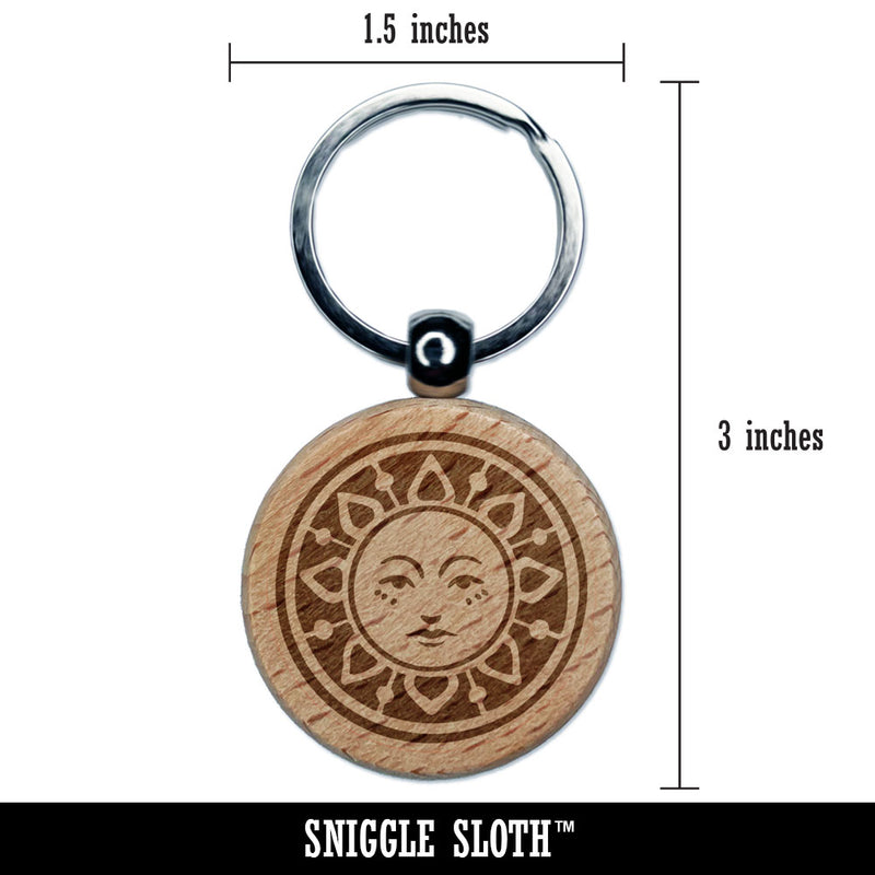 Vintage Sun Circle Face Engraved Wood Round Keychain Tag Charm