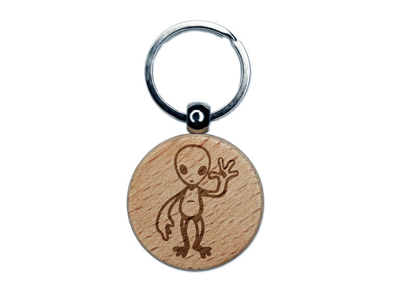Waving Gray Alien Extraterrestrial Scifi Science Fiction Engraved Wood Round Keychain Tag Charm