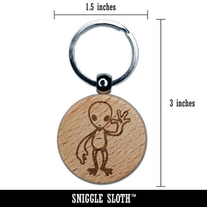 Waving Gray Alien Extraterrestrial Scifi Science Fiction Engraved Wood Round Keychain Tag Charm