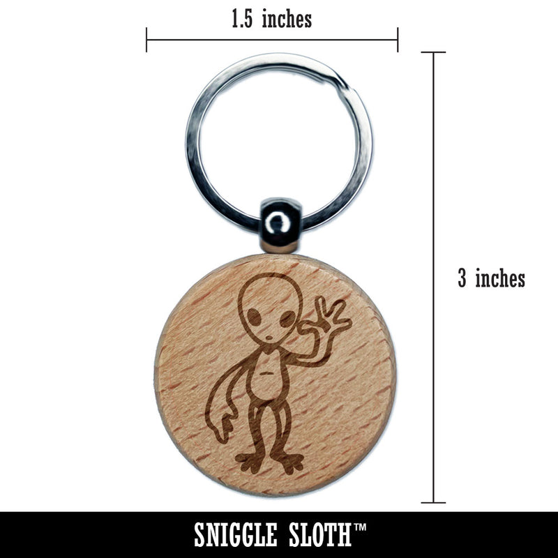 Waving Gray Alien Extraterrestrial Scifi Science Fiction Engraved Wood Round Keychain Tag Charm
