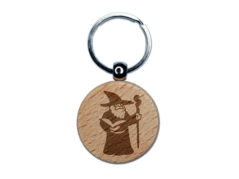 Wise Old Wizard With Staff Fantasy Book Engraved Wood Round Keychain Tag Charm