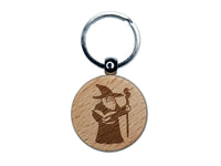 Wise Old Wizard With Staff Fantasy Book Engraved Wood Round Keychain Tag Charm