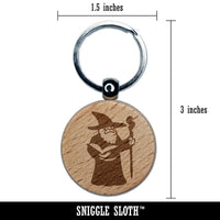 Wise Old Wizard With Staff Fantasy Book Engraved Wood Round Keychain Tag Charm