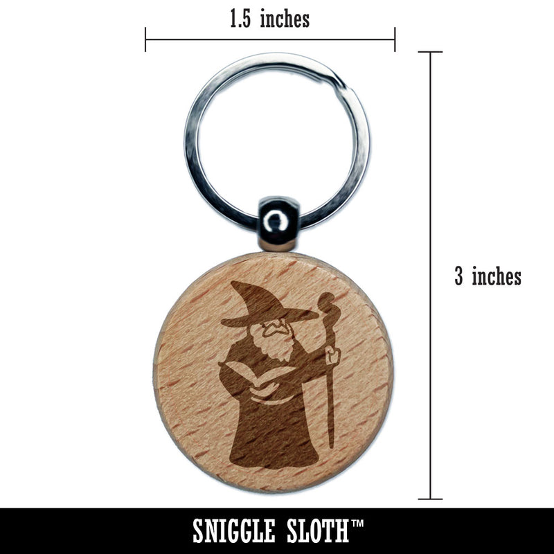 Wise Old Wizard With Staff Fantasy Book Engraved Wood Round Keychain Tag Charm