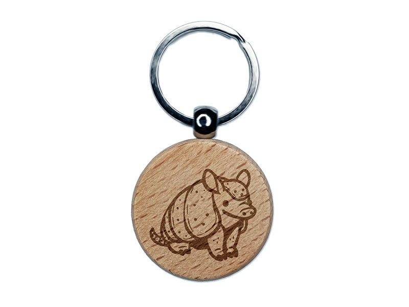 Adorable Armadillo Cute Critter Engraved Wood Round Keychain Tag Charm