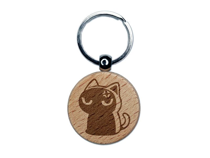 Angry Grumpy Mad Cat Dark Shadow Reaction Engraved Wood Round Keychain Tag Charm