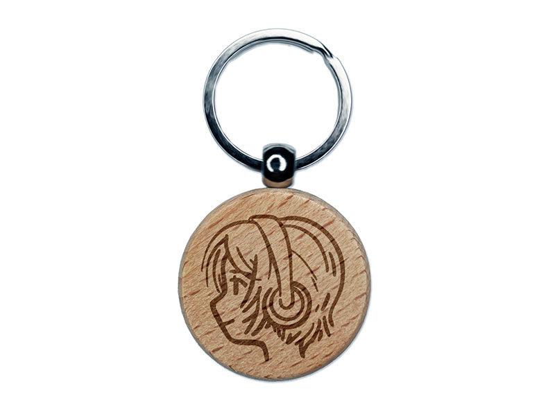 Anime Girl Earphones Short Hair Music Engraved Wood Round Keychain Tag Charm
