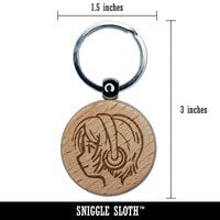 Anime Girl Earphones Short Hair Music Engraved Wood Round Keychain Tag Charm
