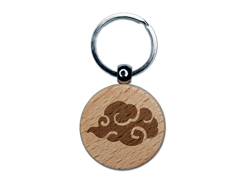Asian Cloud Swirl Float Weather Sky Engraved Wood Round Keychain Tag Charm